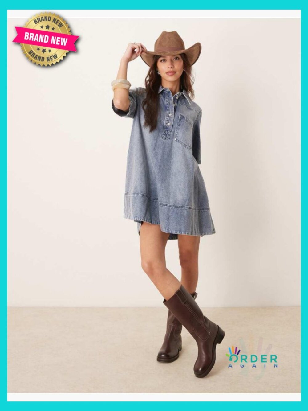 Denim Shirt Dress Mini A-Line Casual Chic Collared Short Sleeve Pockets - Picture 7 of 7